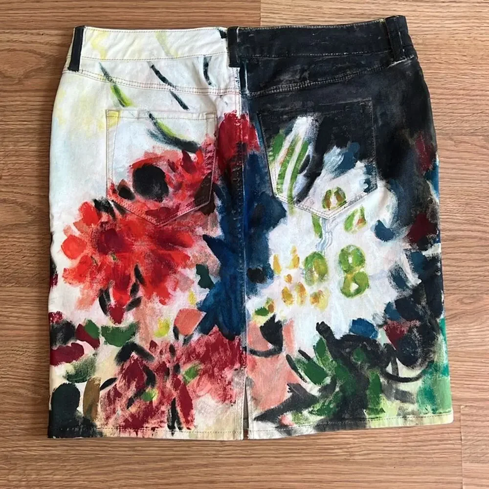 Anthropologie Aubrey Levinthal Night Garden Hand Painted Denim Skirt - Picture 4 of 8